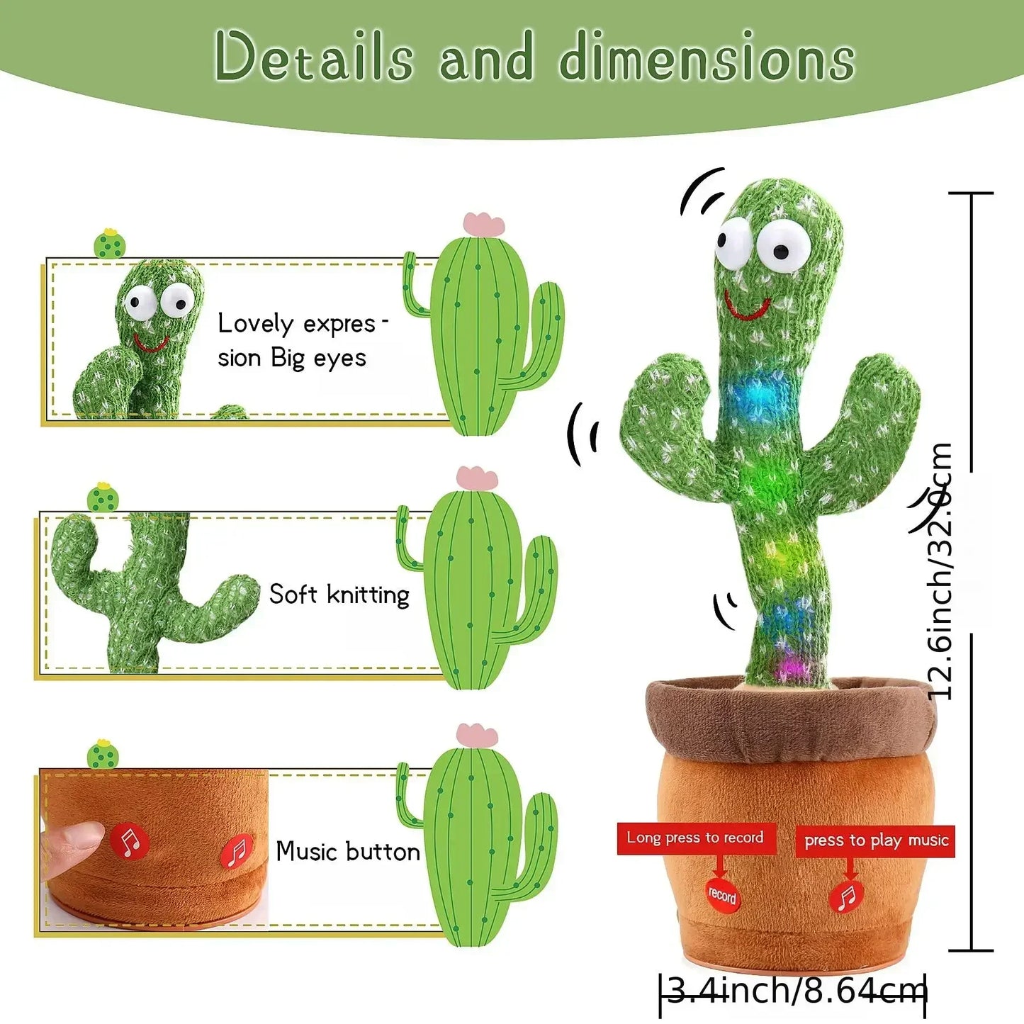 Dancing Talking Cactus Toys For Baby, Singing 120 songs, Mimicking Recording Repeating What You Say